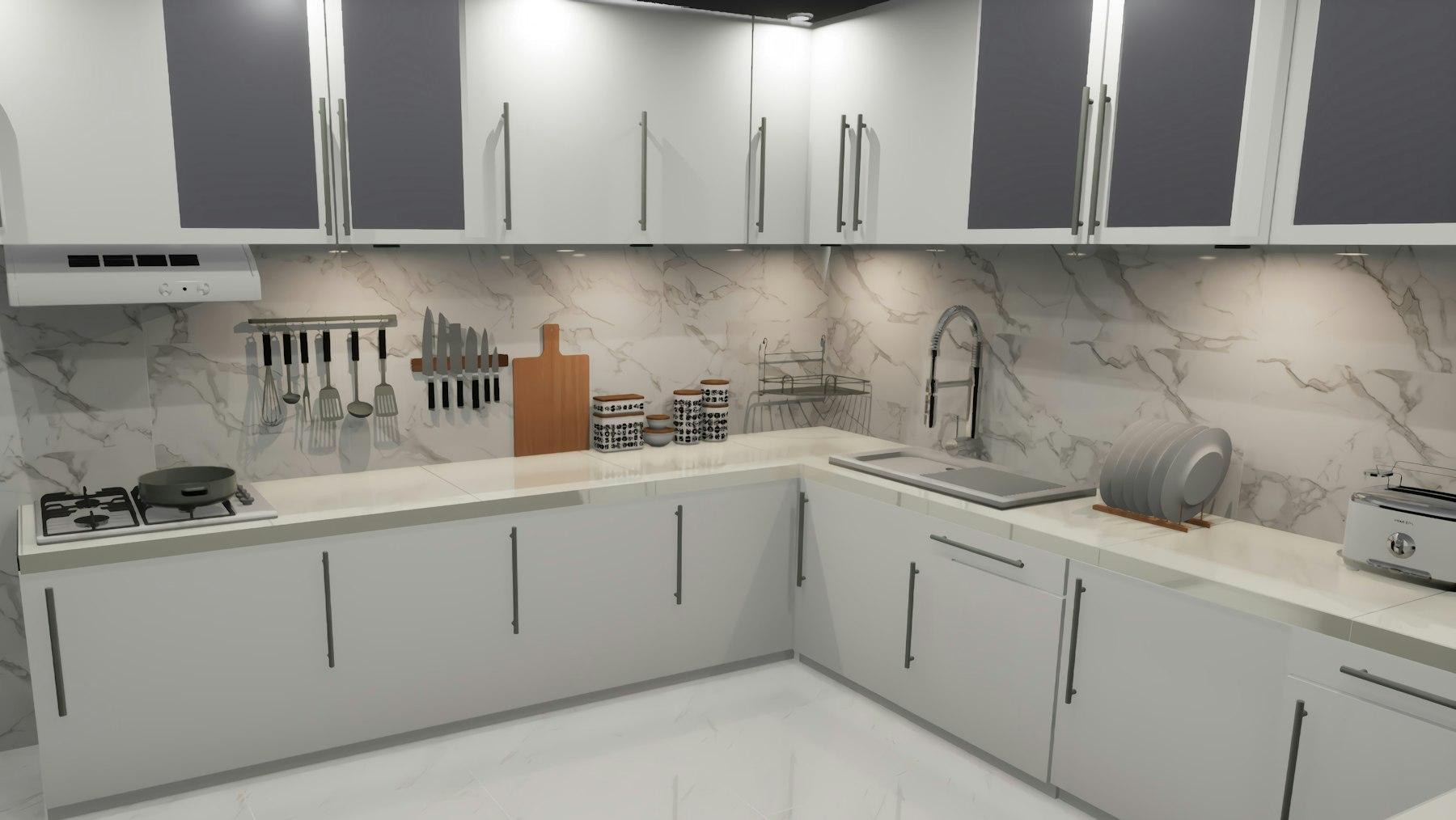 Modern kitchen interior with marble countertops